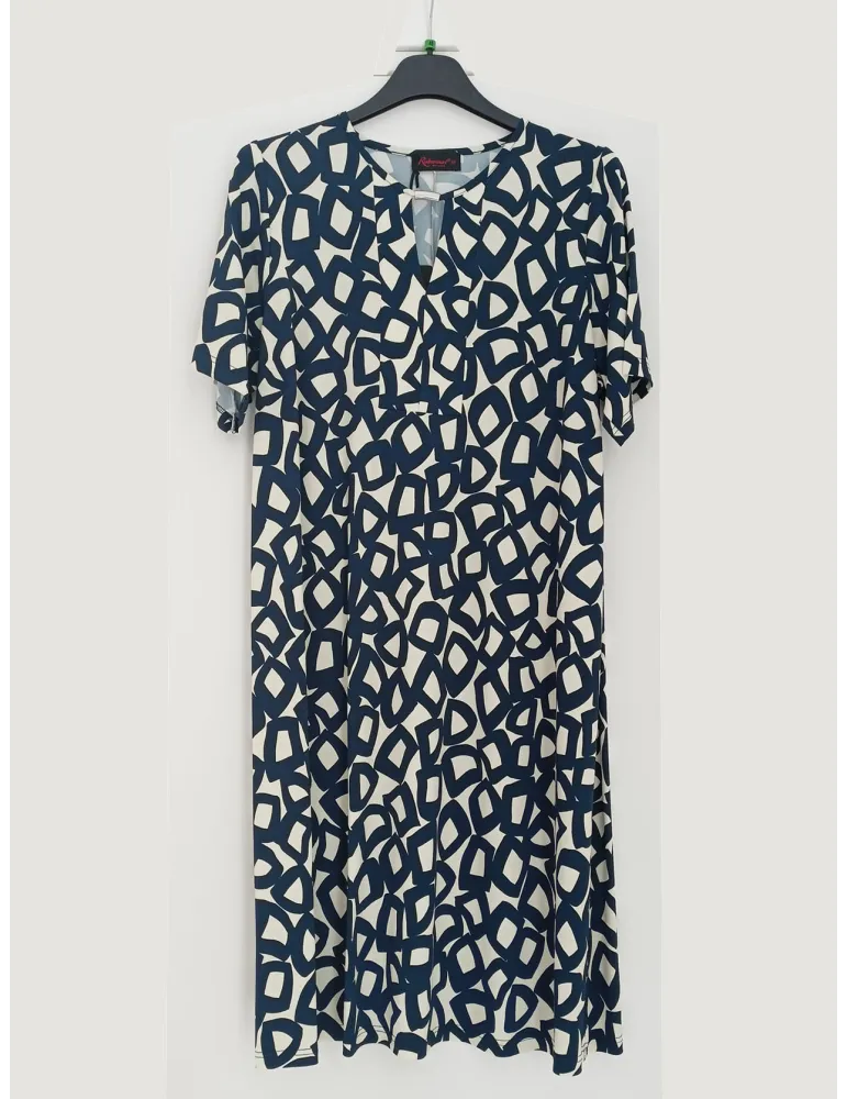 White and Blue geometrical print Short-Sleeve Sheath Dress