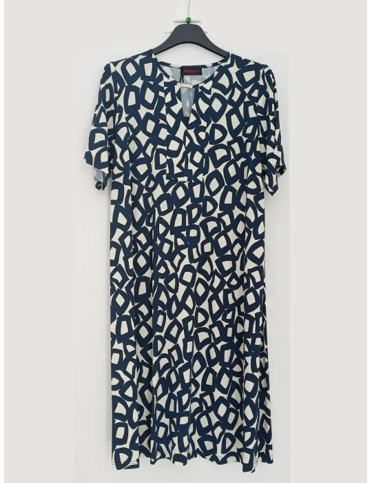 White and Blue geometrical print Short-Sleeve Sheath Dress