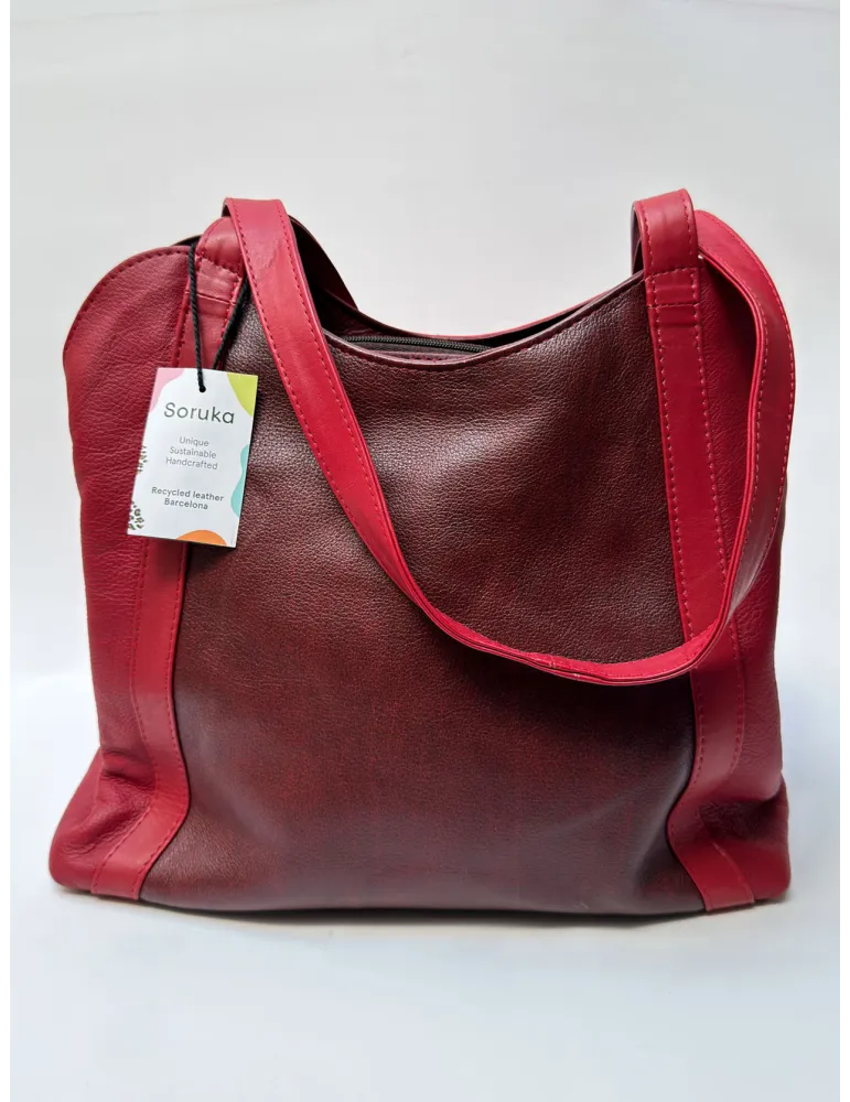 Red and burgundy genuine leather bucket bag by Soruka