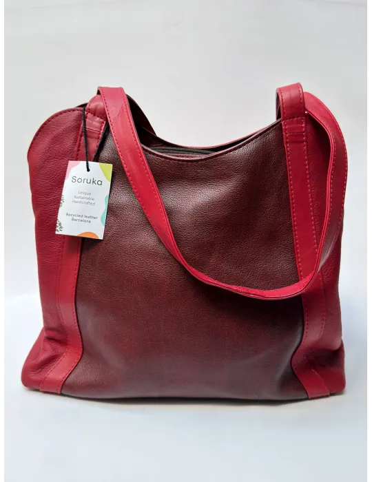 Red and burgundy genuine leather bucket bag by Soruka