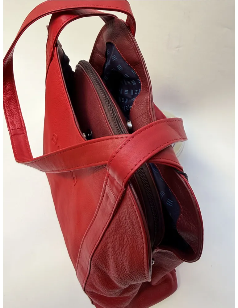 Red and burgundy genuine leather bucket bag by Soruka