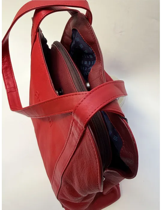 Red and burgundy genuine leather bucket bag by Soruka