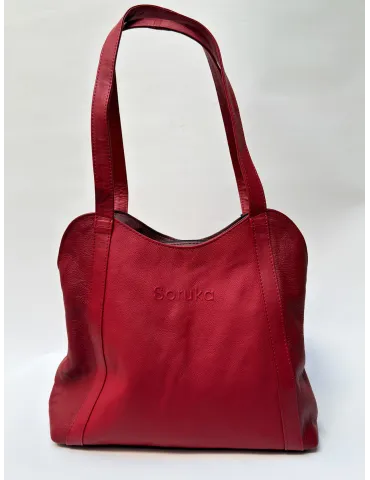 Red and burgundy genuine leather bucket bag by Soruka