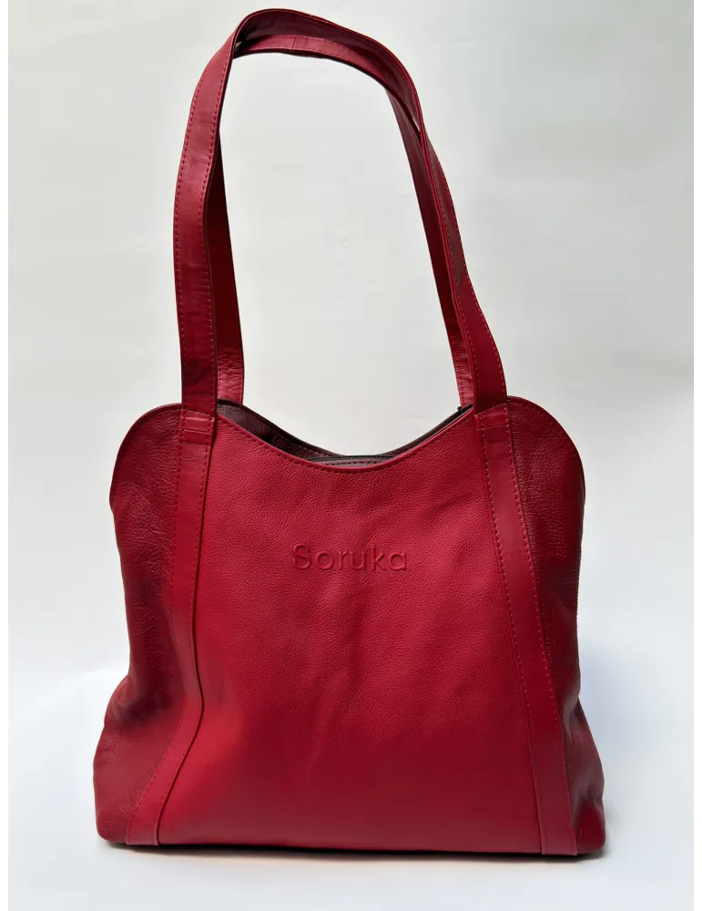 Red and burgundy genuine leather bucket bag by Soruka