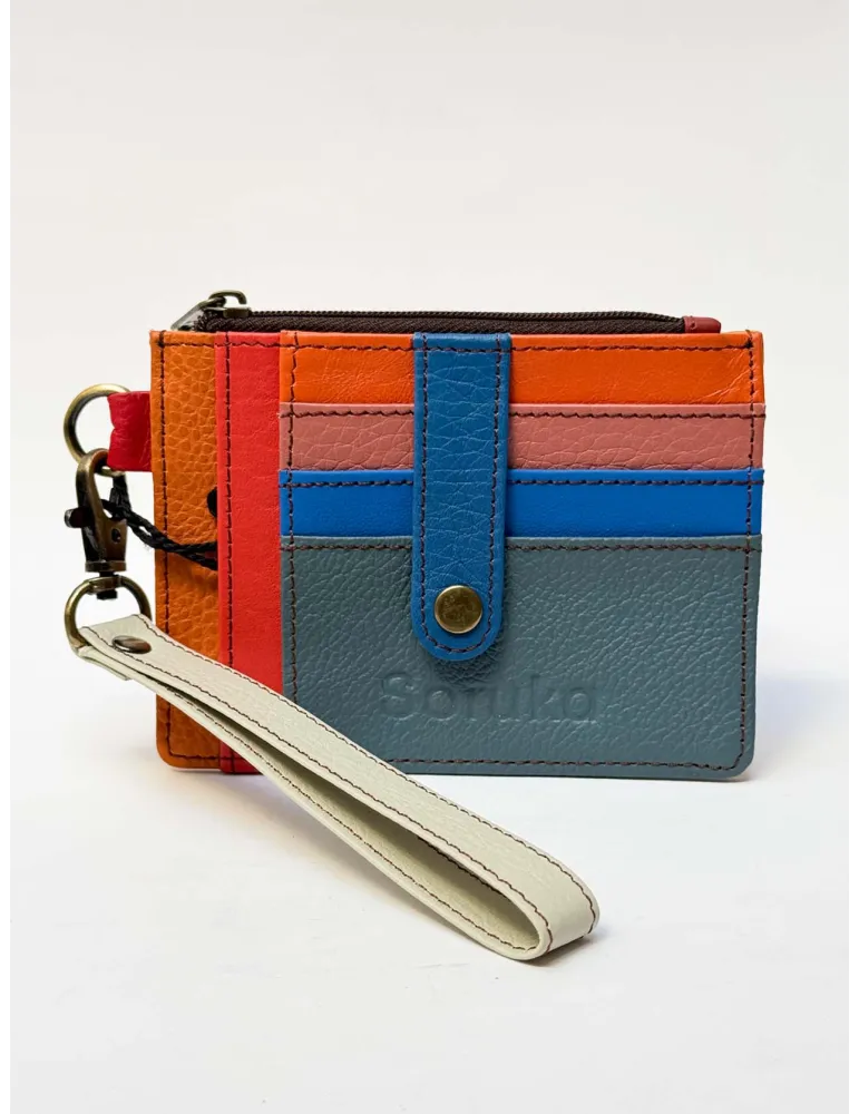 Flat Multicolour Leather Wallet with Strap by Soruka