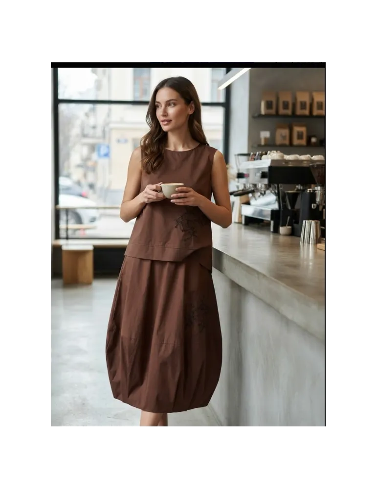 Completo gonna lunga e top di cotone marrone ricami boho chic Volpato