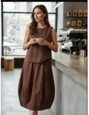 Cocoa brown cotton tank top and balloon skirt with embroidery
