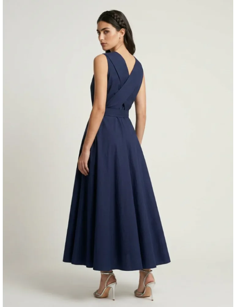Long blue wrap cotton dress with full skirt and belt