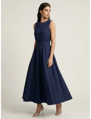 Long blue wrap cotton dress with full skirt and belt