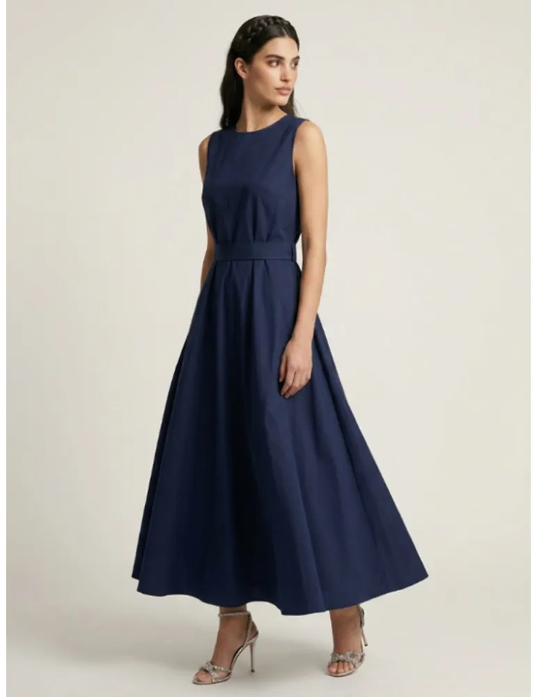 Long blue wrap cotton dress with full skirt and belt