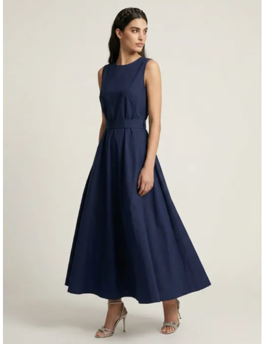Long blue wrap cotton dress with full skirt and belt