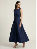 Long blue wrap cotton dress with full skirt and belt | Easy and chic