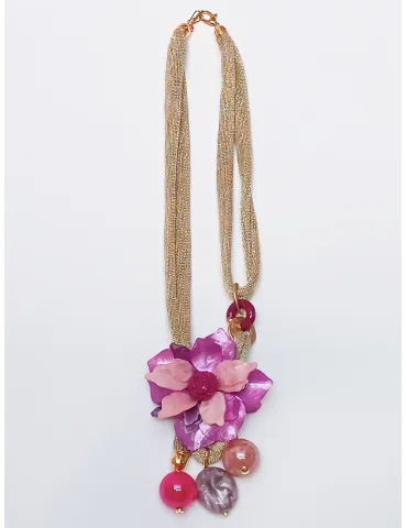 Collana lunga in seta lurex oro con fiore centrale sul fucsia e lilla