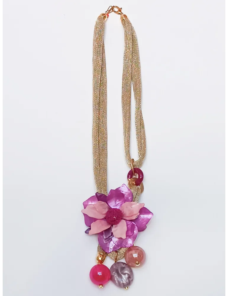 Handmade long necklace with flower pearls and crystals