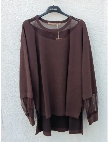 Casacca marrone goffrato con inserti in tulle Mousse