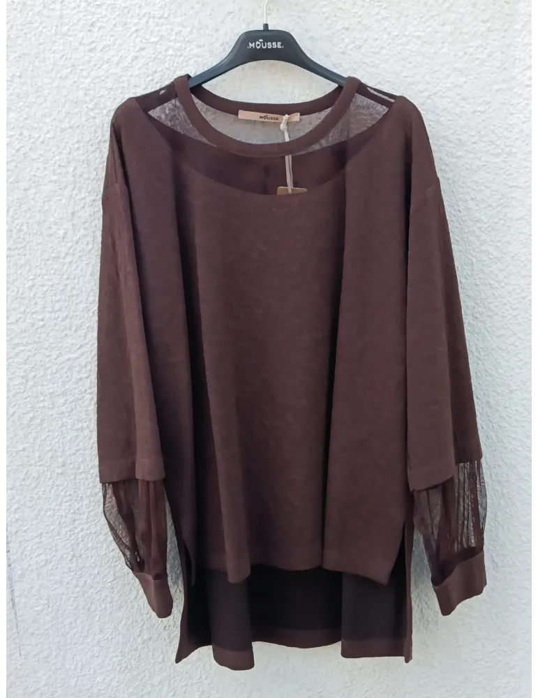 Casacca marrone goffrato con inserti in tulle Mousse