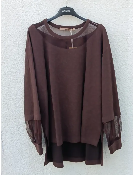 Brown Textured Top with Floral Tulle Inserts by Mousse