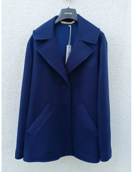 Giacca spolverino in tessuto scuba blu con martingala Mousse