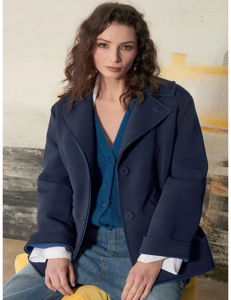 Blue Scuba Trapeze Coat with Back Martingale by Mousse