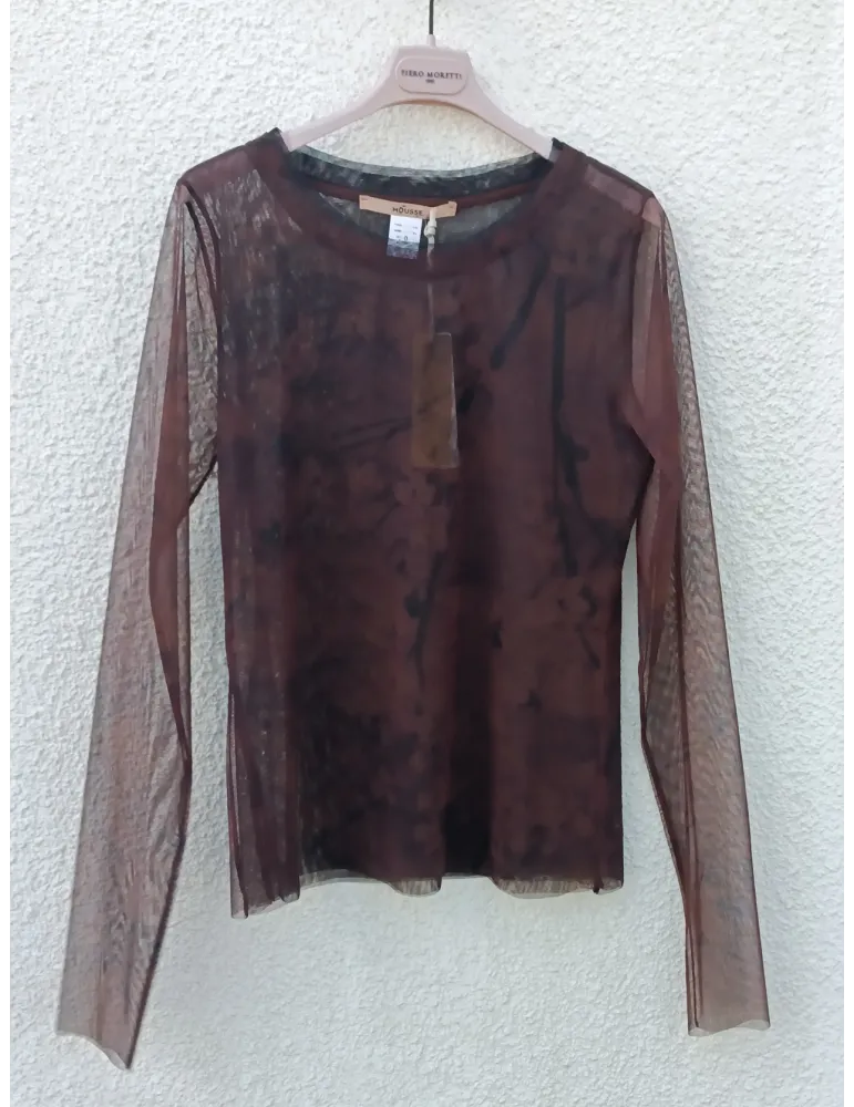 Maglia in tulle fantasia floreale marrone e nero Mousse