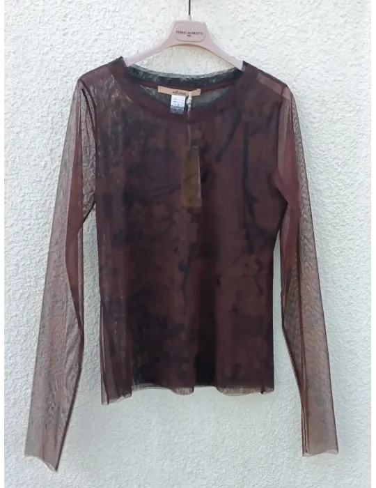 Brown & Black Floral Tulle Top by Mousse | Plus size Italian Fashion