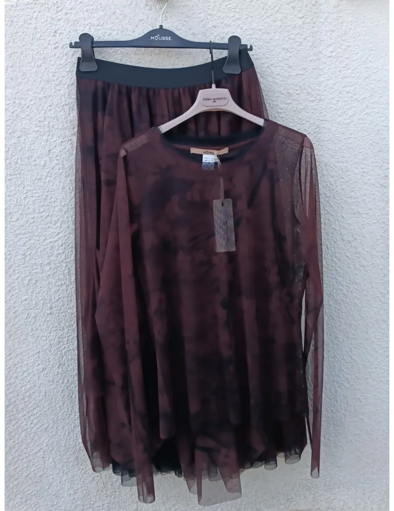 Maglia in tulle fantasia floreale marrone e nero Mousse