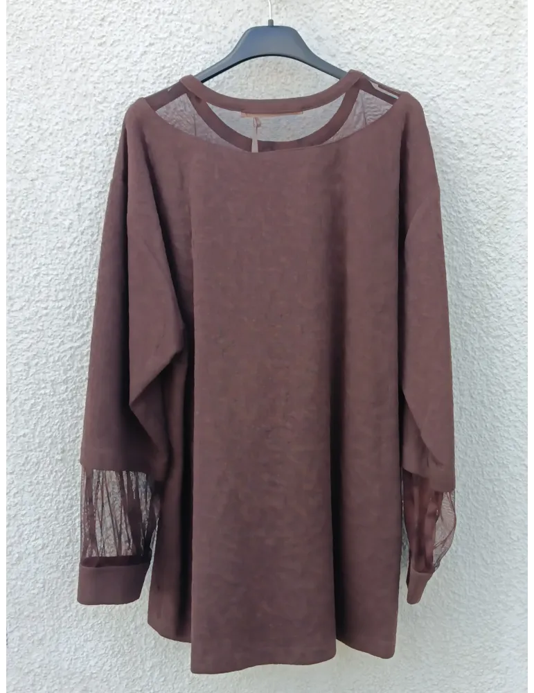 Brown Textured Top with Floral Tulle Inserts by Mousse