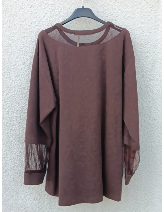 Brown Textured Top with Floral Tulle Inserts by Mousse