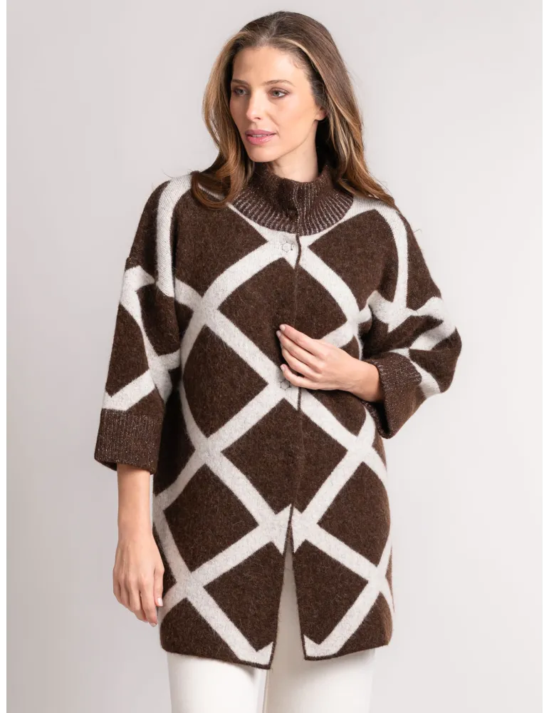 White and brown alpaca and merino wool thick knitted coat