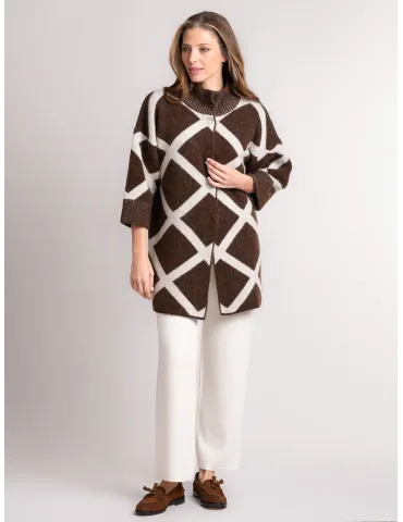 White and brown alpaca and merino wool thick knitted coat 2