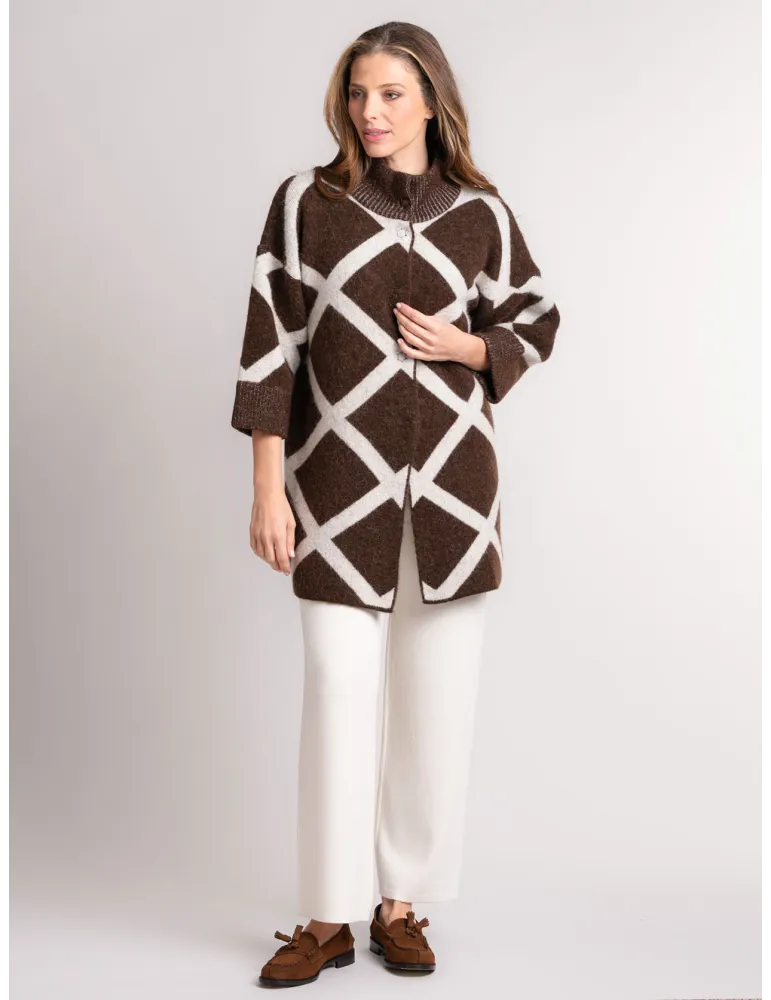 White and brown alpaca and merino wool thick knitted coat