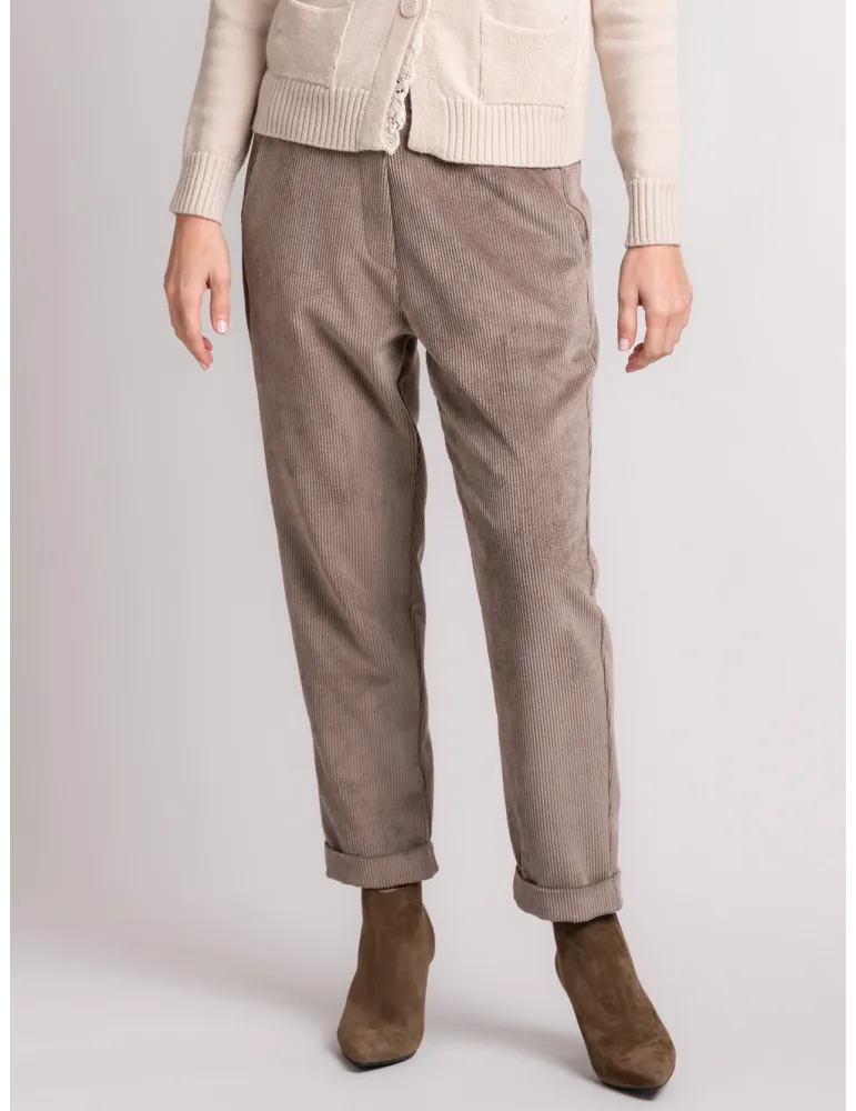 Beige Fine-Wale Corduroy Trousers with Turn-Up Hem