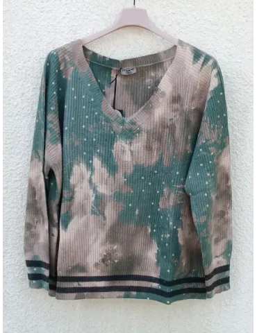 Petrol Green and beige V-neck Sweater | More Plus size Italian Fashion 2
