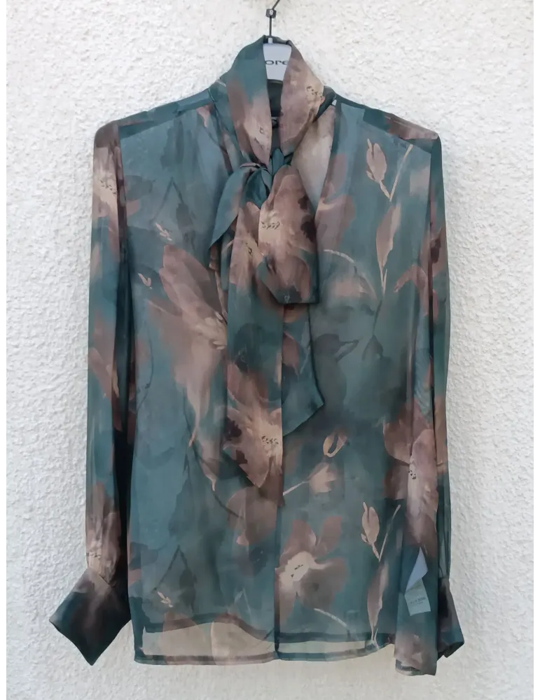 Petrol Green and Brown Silk Chiffon Blouse with Scarf | More Italy