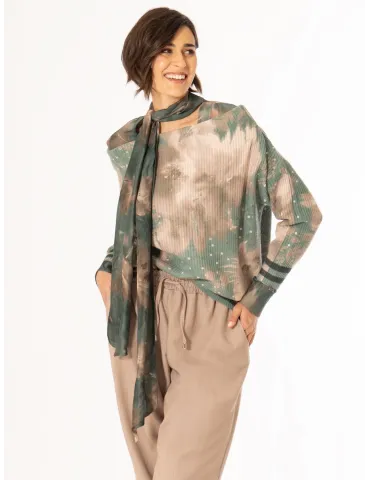 Petrol Green and Brown Silk Chiffon Blouse with Scarf