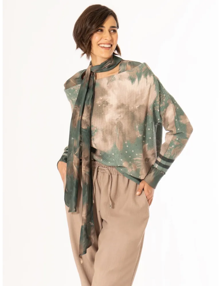 Petrol Green and Brown Silk Chiffon Blouse with Scarf