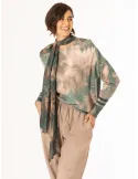 Petrol Green and Brown Silk Chiffon Blouse with Scarf | More Italy