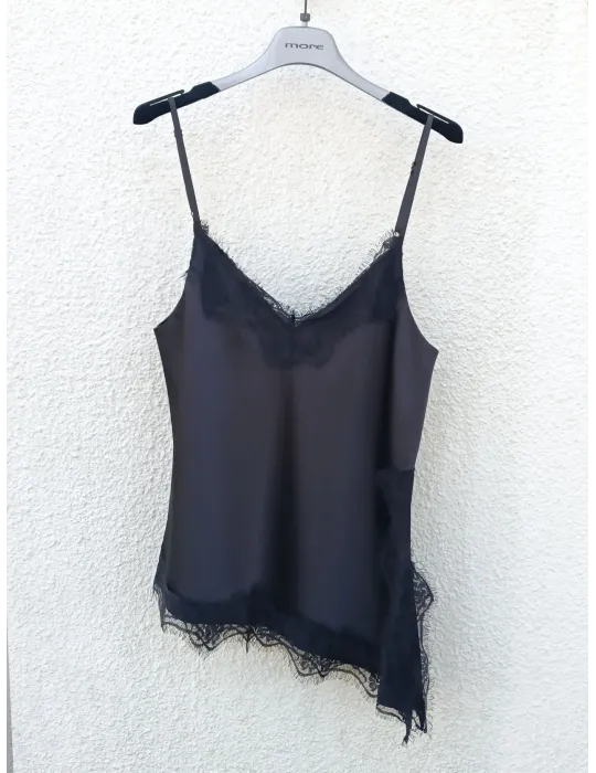 Black Satin Camisole tank top with Lace Trim - More by Siste's - Italy