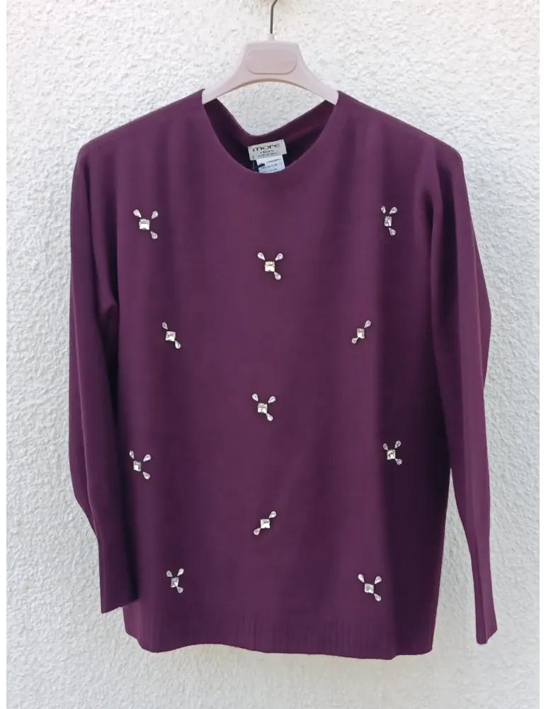 Burgundy viscose knit Jumper with Embellished Rhinestones