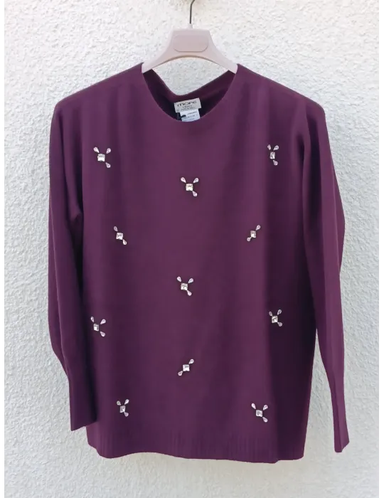 Burgundy viscose knit Jumper with Embellished Rhinestones