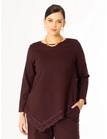 Burgundy asymmetric Jersey Tunic with lace hem