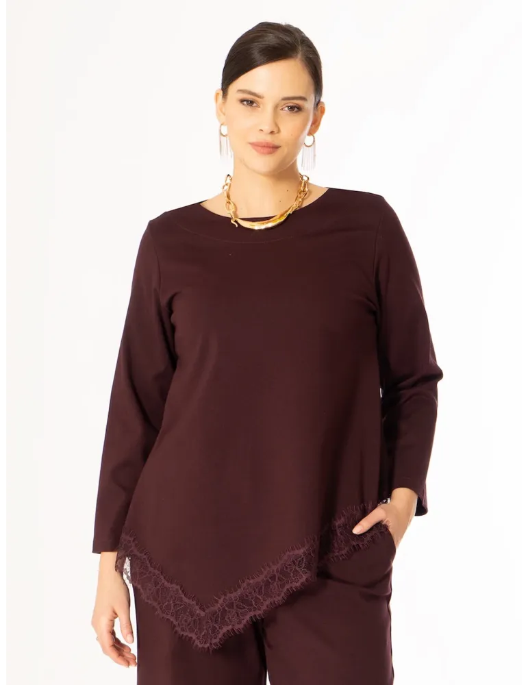 Burgundy asymmetric Jersey Tunic with lace hem | Plus size jumpsuit