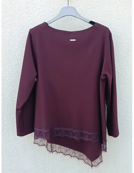 Burgundy asymmetric Jersey Tunic with lace hem