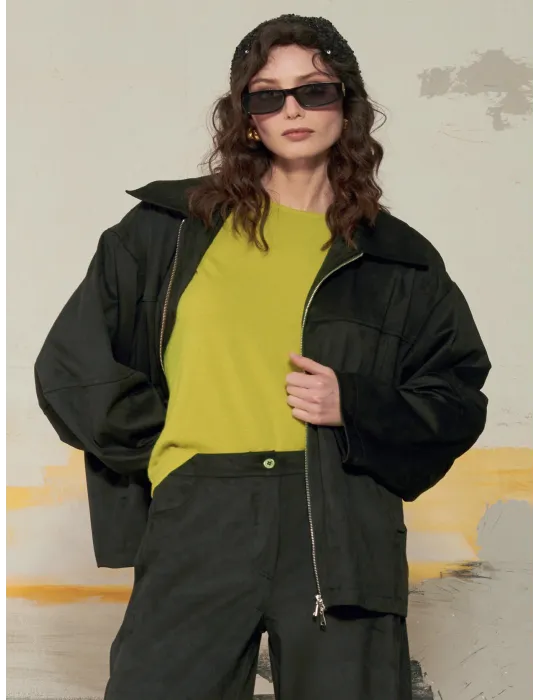 Oversized black Suede-Effect Bomber Jacket by Mousse