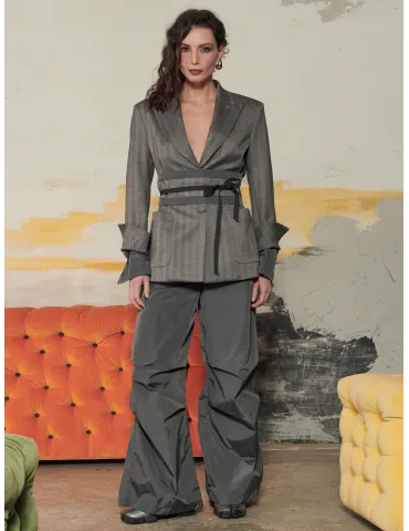 Fuchsia Pinstripe Grey Herringbone Belted Blazer