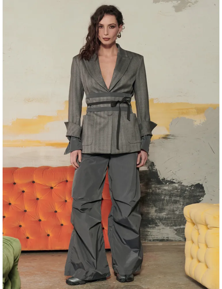 Fuchsia Pinstripe Grey Herringbone Belted Blazer