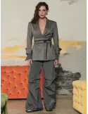 Fuchsia Pinstripe Grey Herringbone Belted Blazer