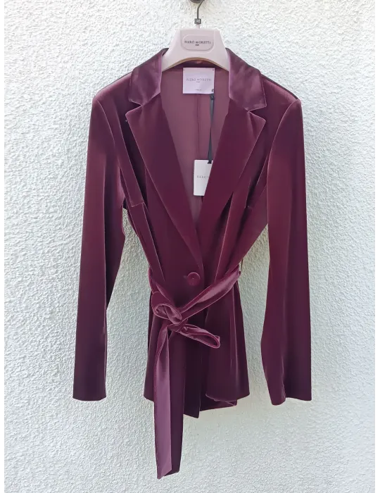 Piero Moretti burgundy velvet tuxedo jacket pantsuit