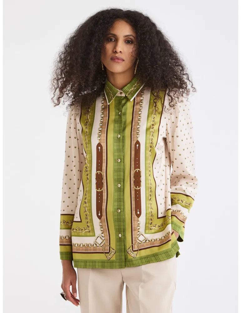 Plus size Viscose Satin Shirt Equestrian placed print by Piero Moretti