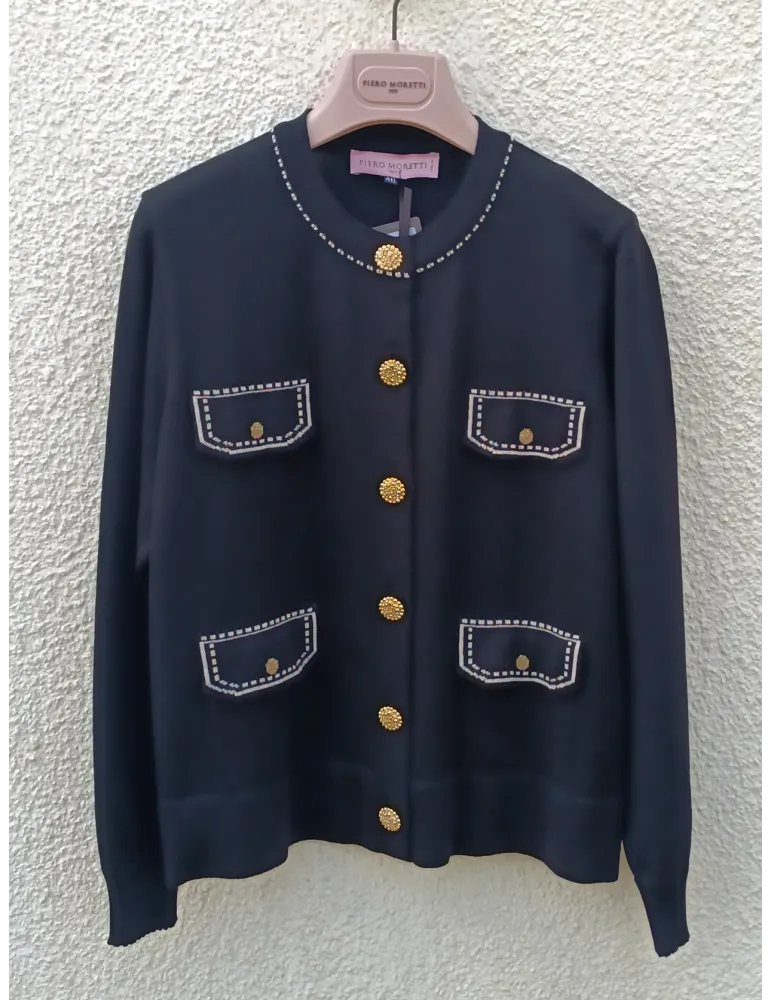 Piero Moretti black wool Chanel-Style jacket with intarsia